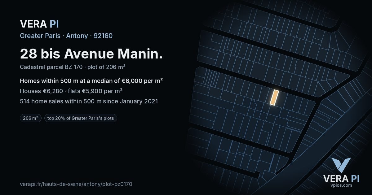 28 bis Avenue Manin, Antony at night – the plot lit, the parcels around coloured by the prices near them