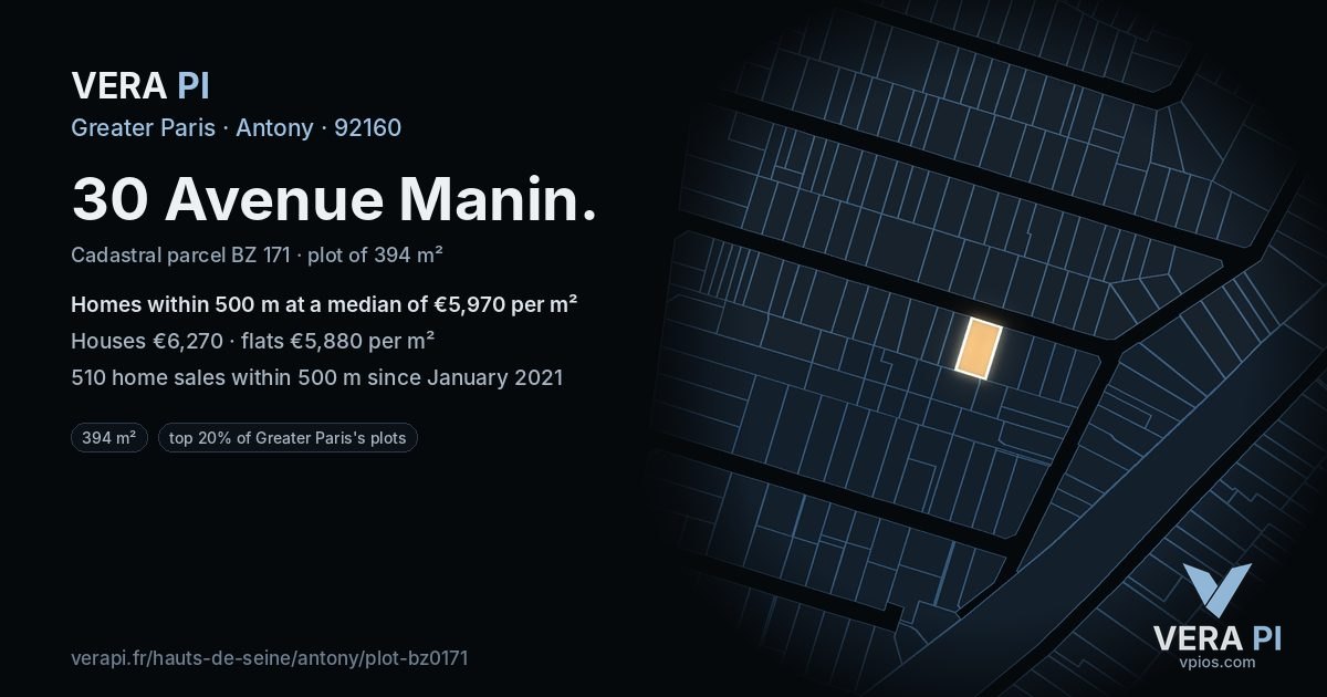 30 Avenue Manin, Antony at night – the plot lit, the parcels around coloured by the prices near them