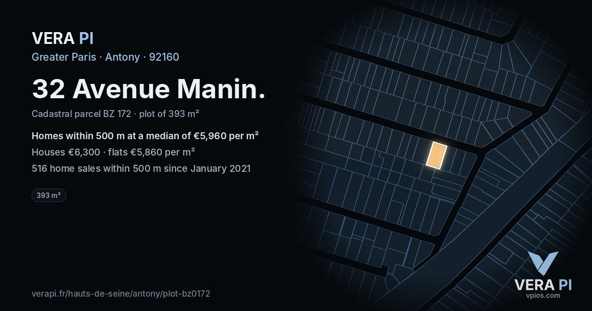 32 Avenue Manin, Antony at night – the plot lit, the parcels around coloured by the prices near them