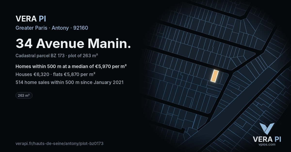 34 Avenue Manin, Antony at night – the plot lit, the parcels around coloured by the prices near them