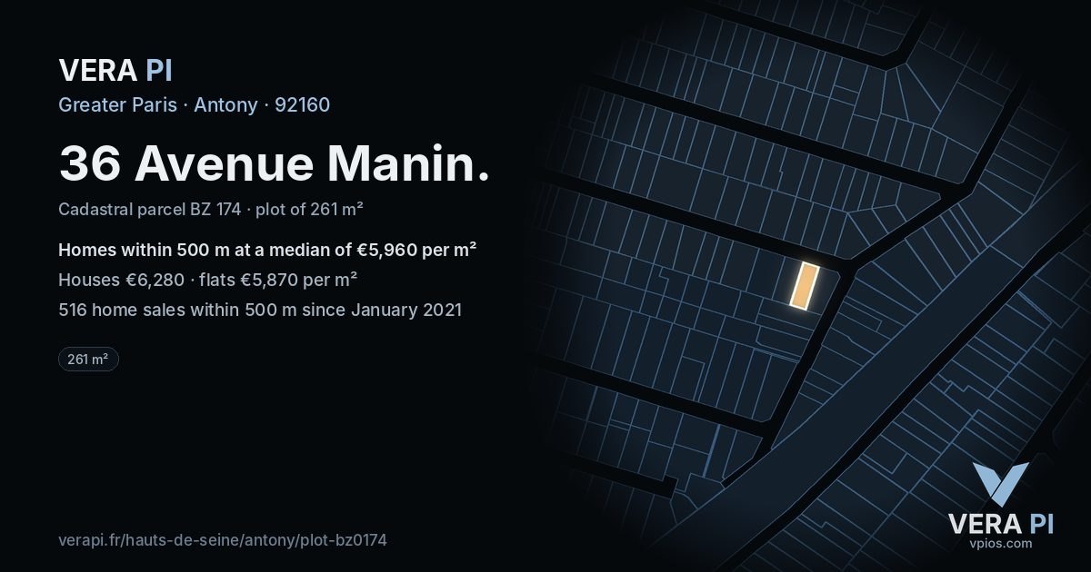 36 Avenue Manin, Antony at night – the plot lit, the parcels around coloured by the prices near them