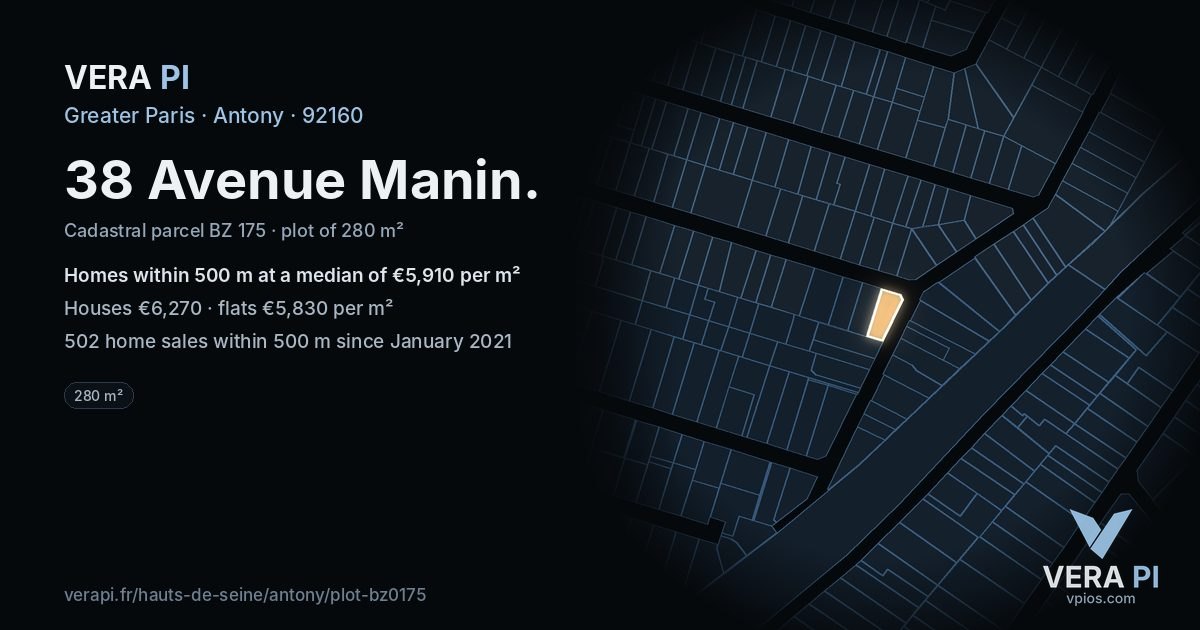 38 Avenue Manin, Antony at night – the plot lit, the parcels around coloured by the prices near them