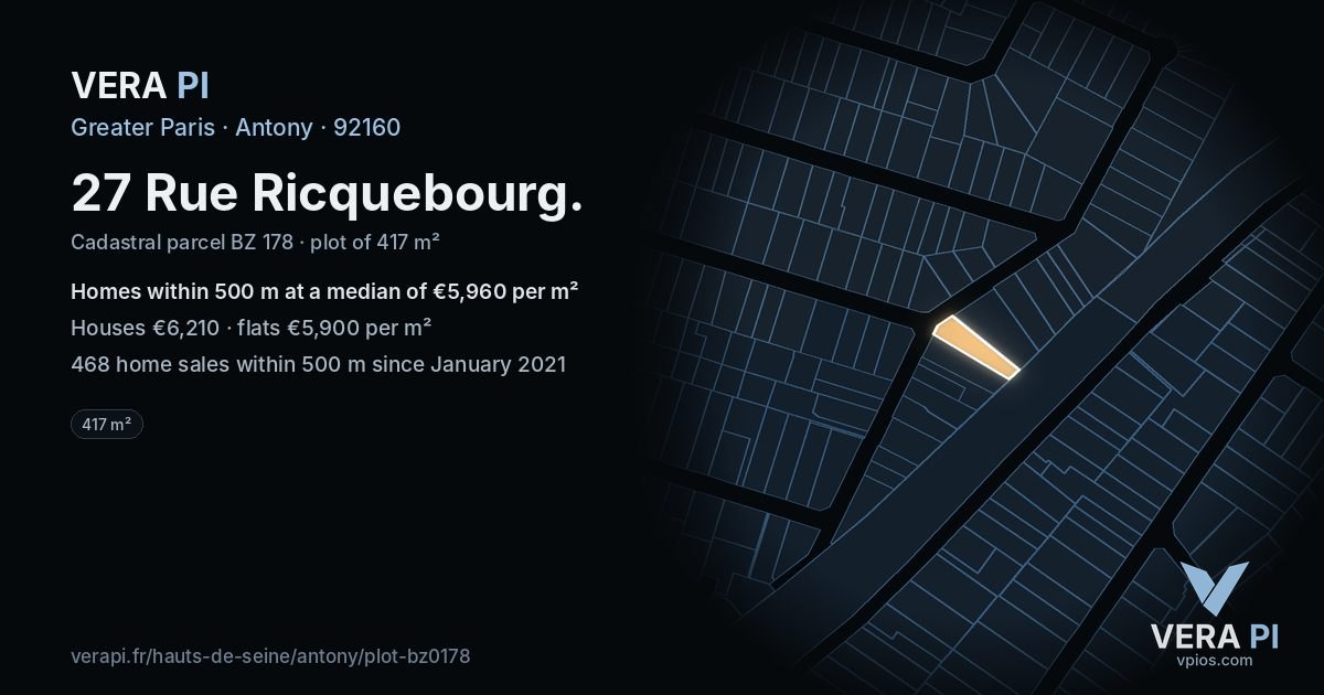 27 Rue Ricquebourg, Antony at night – the plot lit, the parcels around coloured by the prices near them