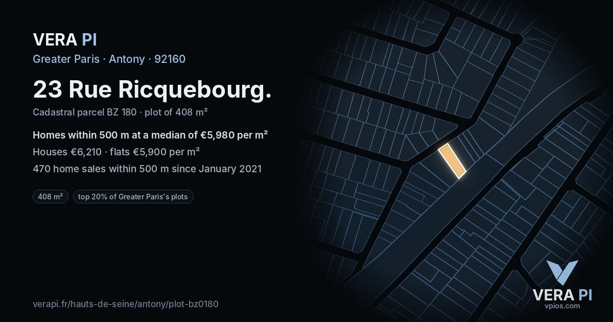 23 Rue Ricquebourg, Antony at night – the plot lit, the parcels around coloured by the prices near them