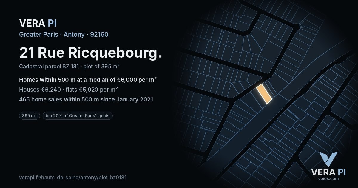21 Rue Ricquebourg, Antony at night – the plot lit, the parcels around coloured by the prices near them