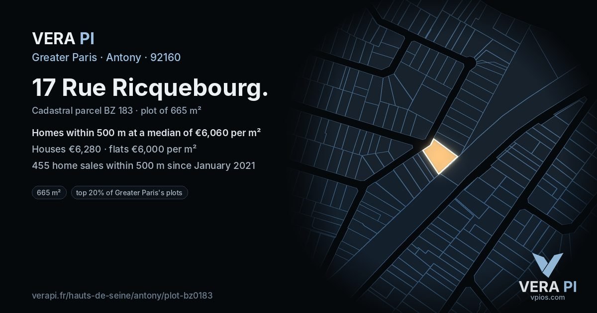 17 Rue Ricquebourg, Antony at night – the plot lit, the parcels around coloured by the prices near them