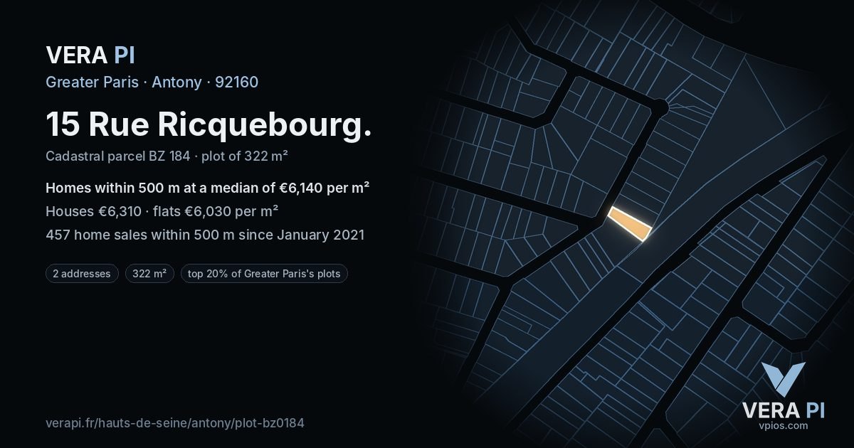 15 Rue Ricquebourg, Antony at night – the plot lit, the parcels around coloured by the prices near them