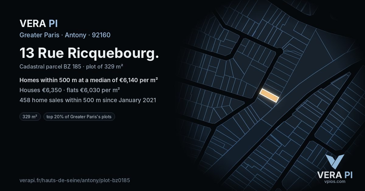 13 Rue Ricquebourg, Antony at night – the plot lit, the parcels around coloured by the prices near them