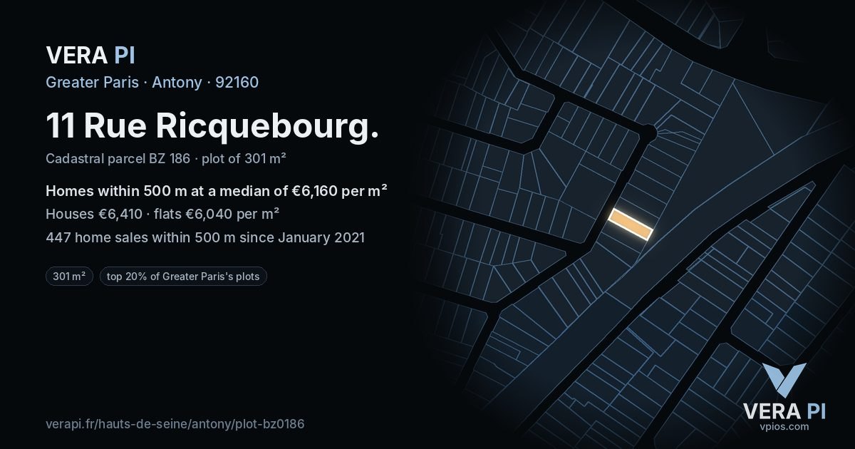 11 Rue Ricquebourg, Antony at night – the plot lit, the parcels around coloured by the prices near them
