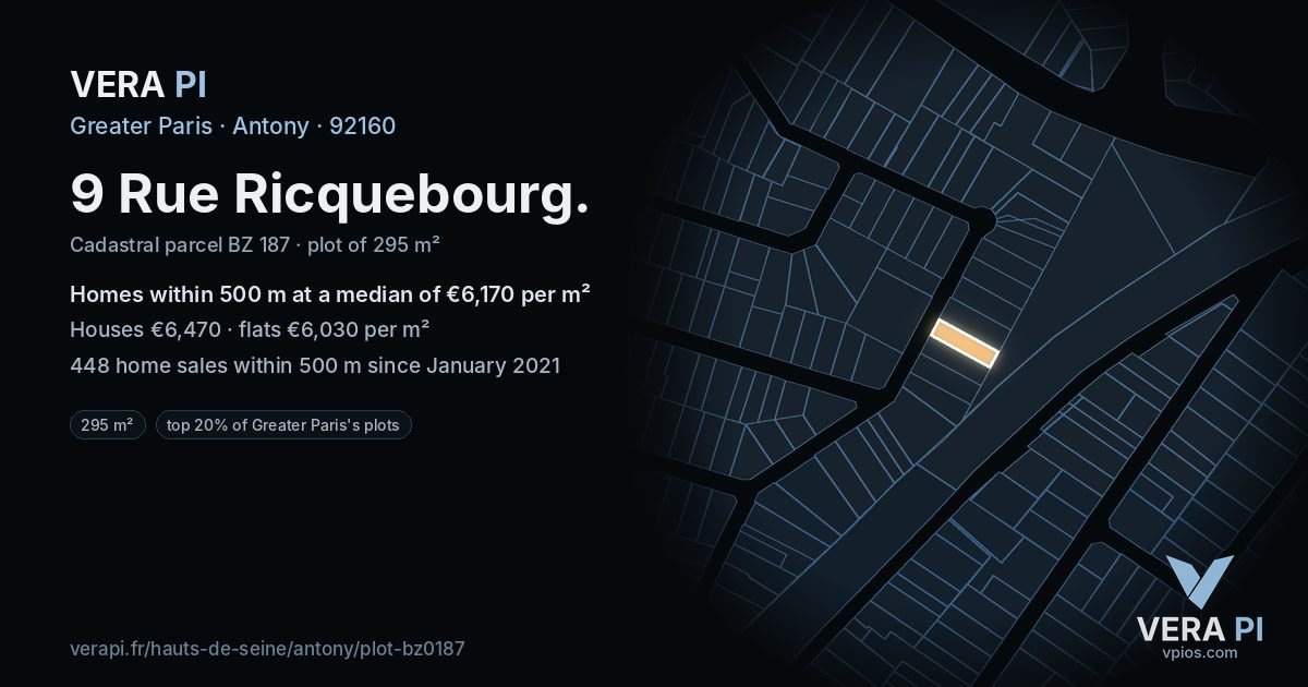 9 Rue Ricquebourg, Antony at night – the plot lit, the parcels around coloured by the prices near them