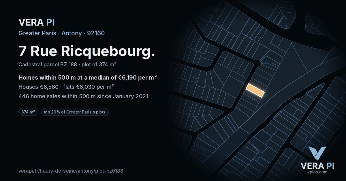 7 Rue Ricquebourg, Antony at night – the plot lit, the parcels around coloured by the prices near them