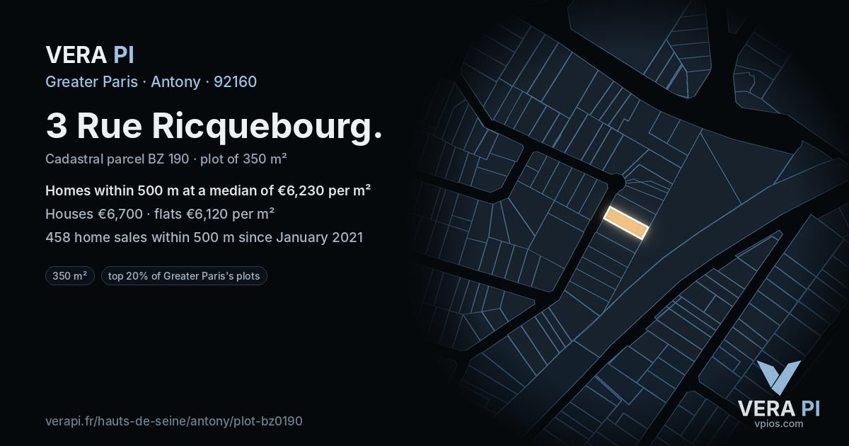3 Rue Ricquebourg, Antony at night – the plot lit, the parcels around coloured by the prices near them