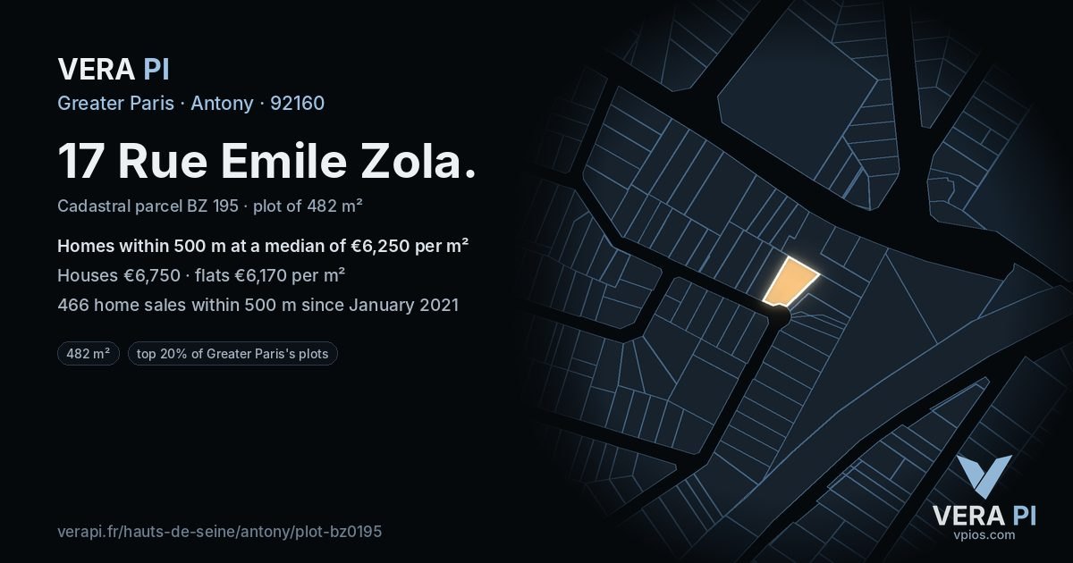 17 Rue Emile Zola, Antony at night – the plot lit, the parcels around coloured by the prices near them
