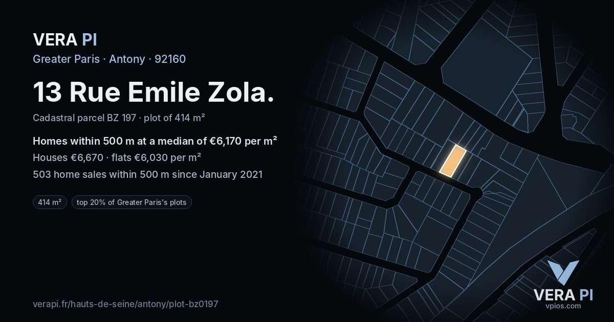 13 Rue Emile Zola, Antony at night – the plot lit, the parcels around coloured by the prices near them
