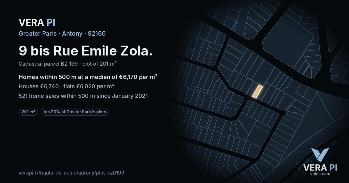 9 bis Rue Emile Zola, Antony at night – the plot lit, the parcels around coloured by the prices near them