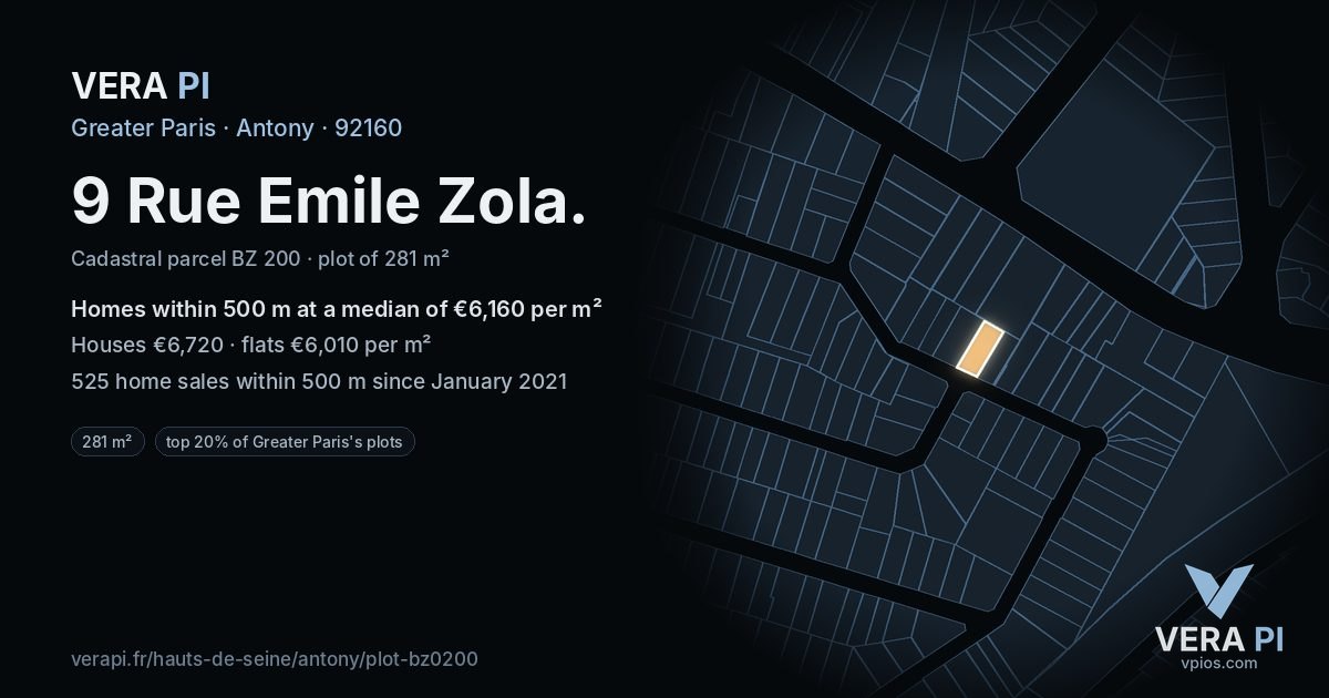 9 Rue Emile Zola, Antony at night – the plot lit, the parcels around coloured by the prices near them