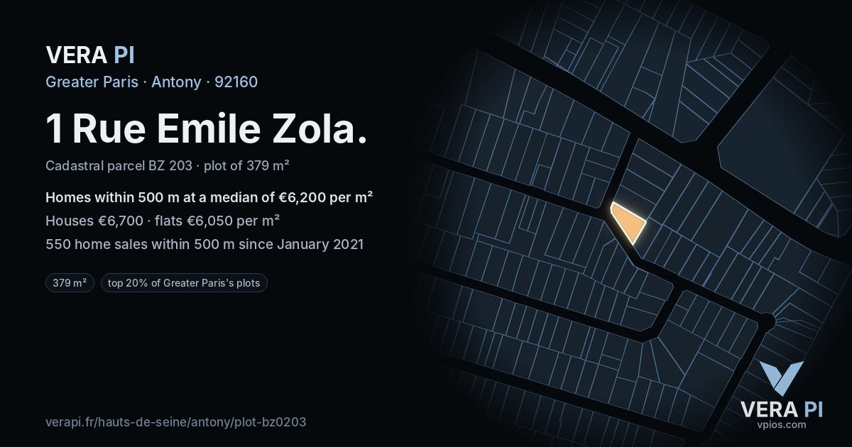 1 Rue Emile Zola, Antony at night – the plot lit, the parcels around coloured by the prices near them