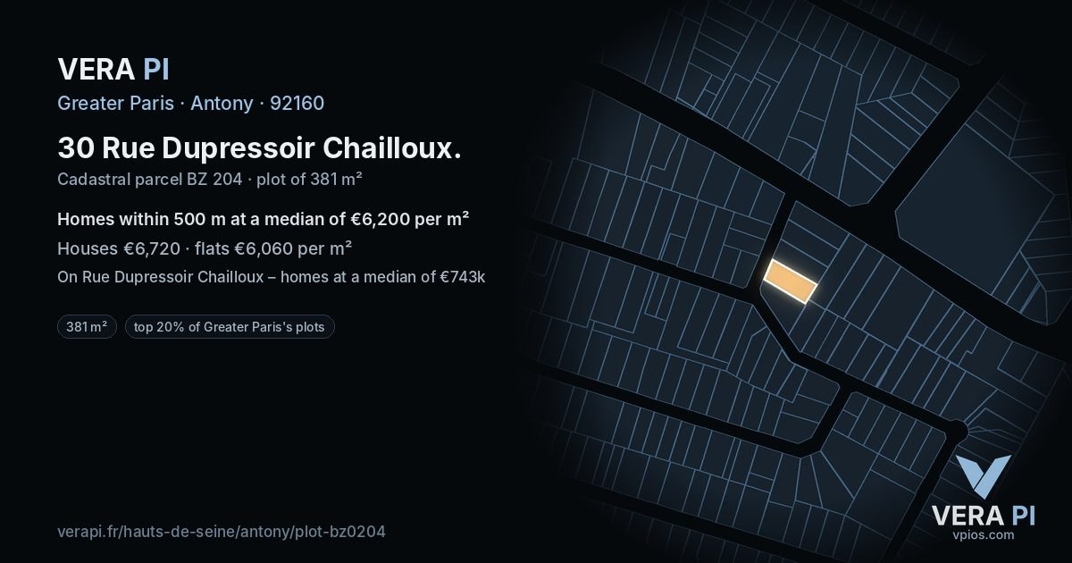 30 Rue Dupressoir Chailloux, Antony at night – the plot lit, the parcels around coloured by the prices near them