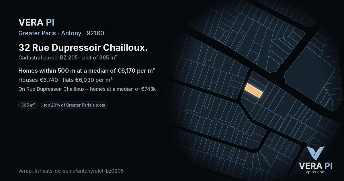 32 Rue Dupressoir Chailloux, Antony at night – the plot lit, the parcels around coloured by the prices near them