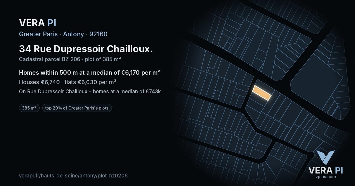 34 Rue Dupressoir Chailloux, Antony at night – the plot lit, the parcels around coloured by the prices near them