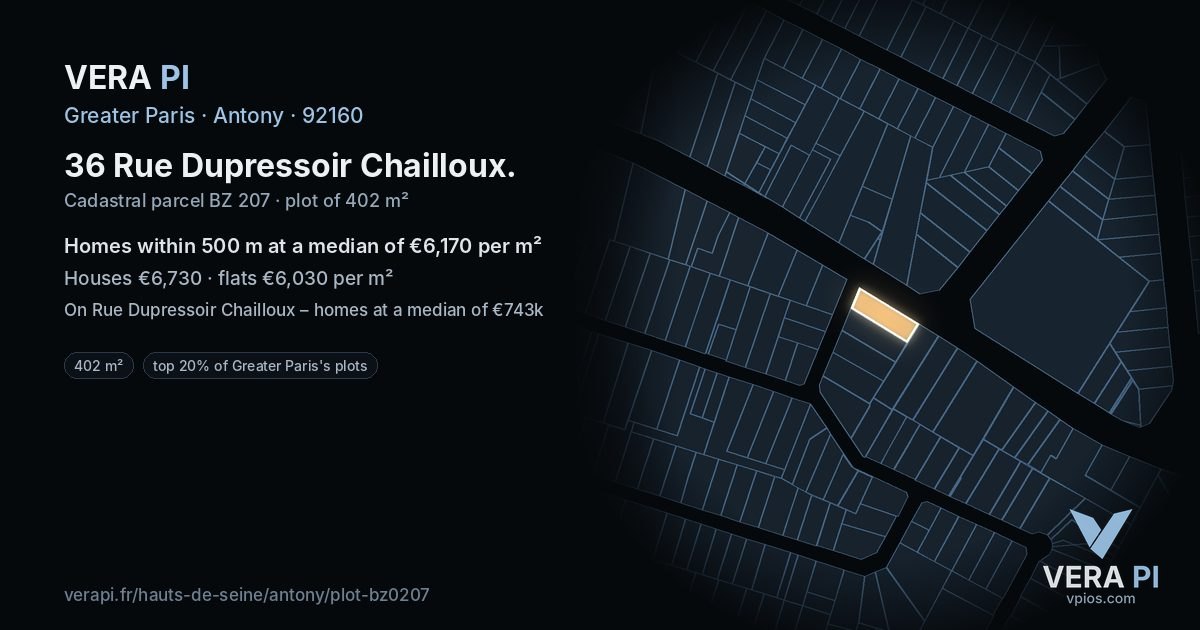 36 Rue Dupressoir Chailloux, Antony at night – the plot lit, the parcels around coloured by the prices near them