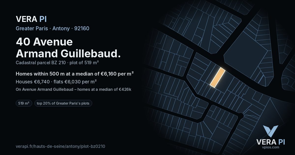 40 Avenue Armand Guillebaud, Antony at night – the plot lit, the parcels around coloured by the prices near them