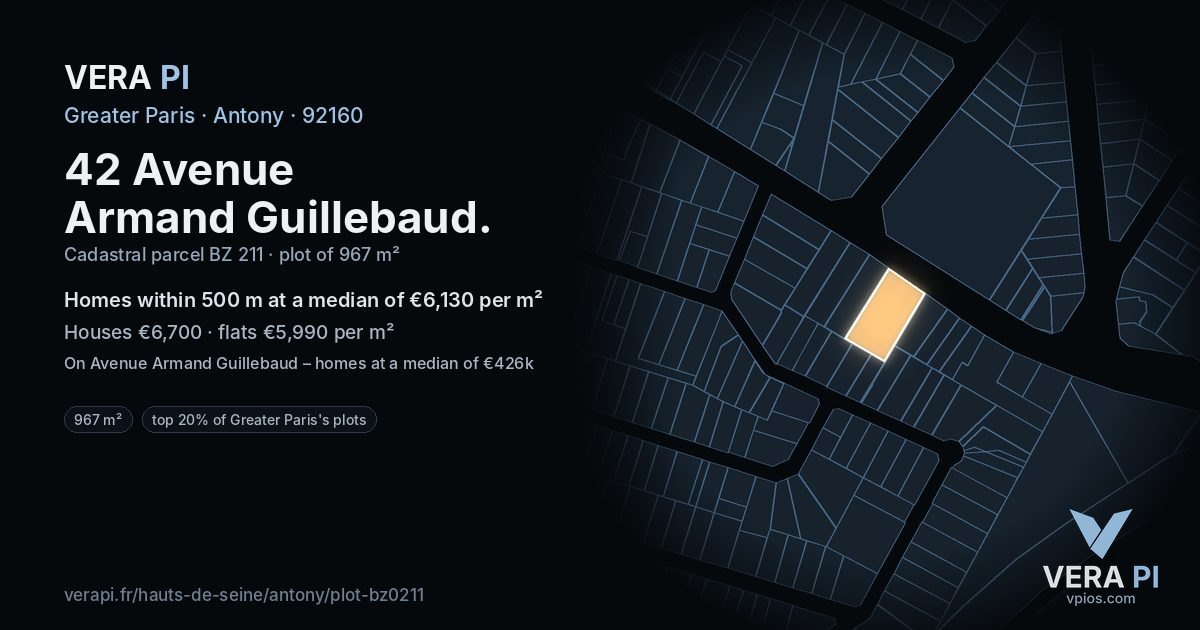 42 Avenue Armand Guillebaud, Antony at night – the plot lit, the parcels around coloured by the prices near them