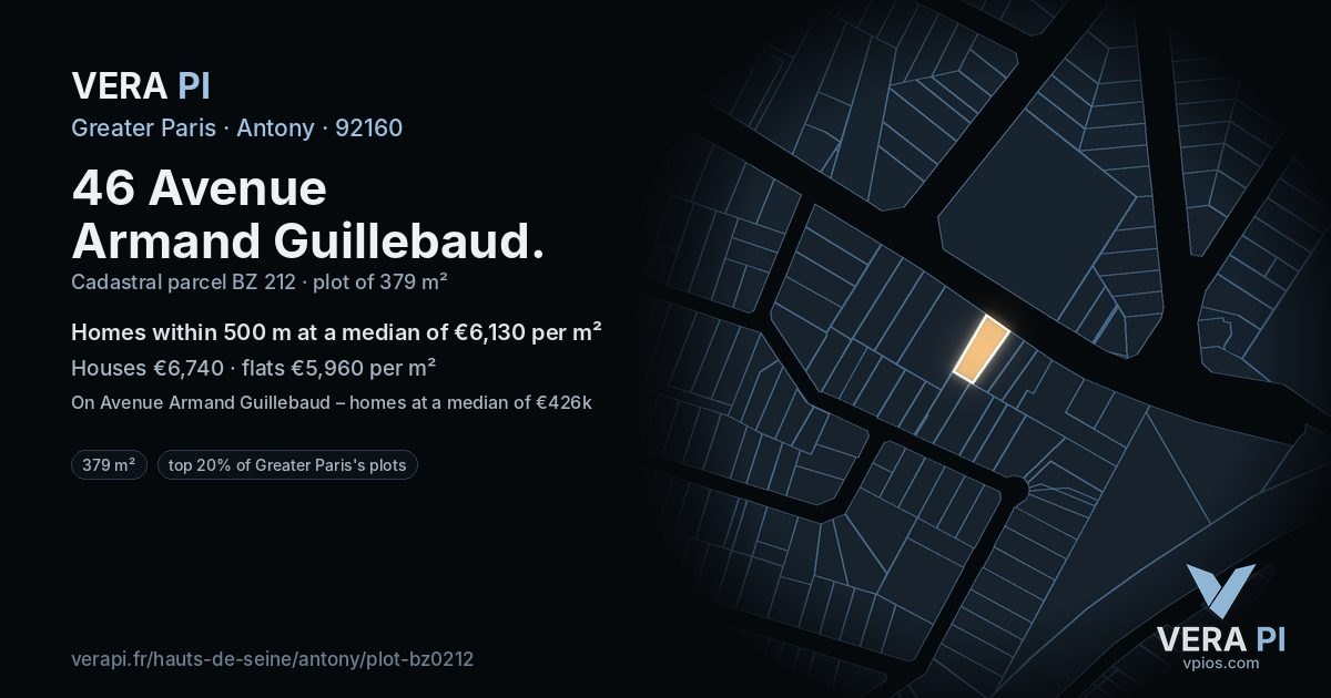 46 Avenue Armand Guillebaud, Antony at night – the plot lit, the parcels around coloured by the prices near them
