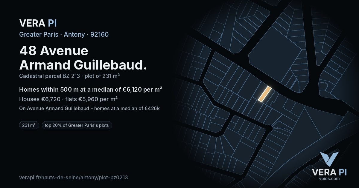 48 Avenue Armand Guillebaud, Antony at night – the plot lit, the parcels around coloured by the prices near them