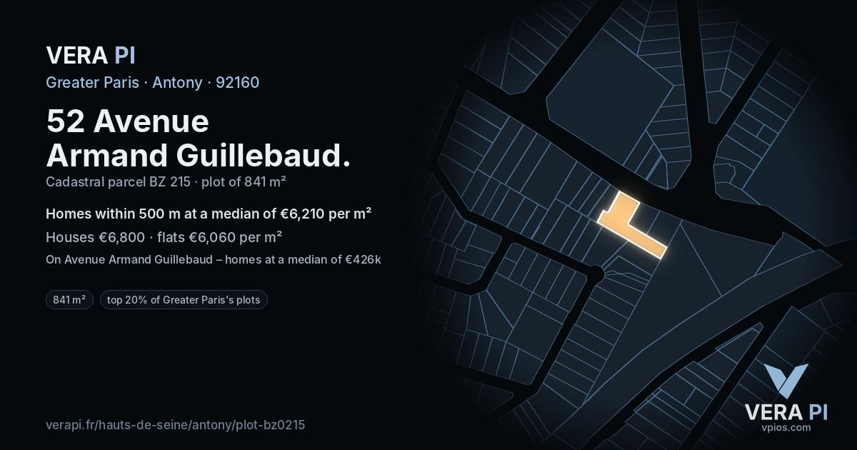 52 Avenue Armand Guillebaud, Antony at night – the plot lit, the parcels around coloured by the prices near them