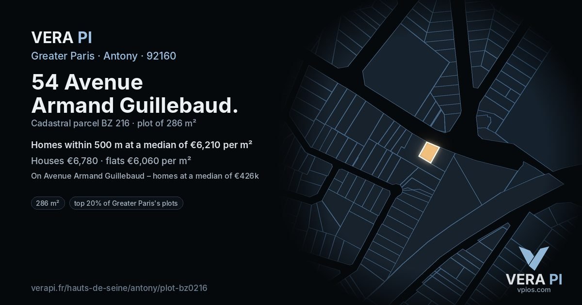 54 Avenue Armand Guillebaud, Antony at night – the plot lit, the parcels around coloured by the prices near them