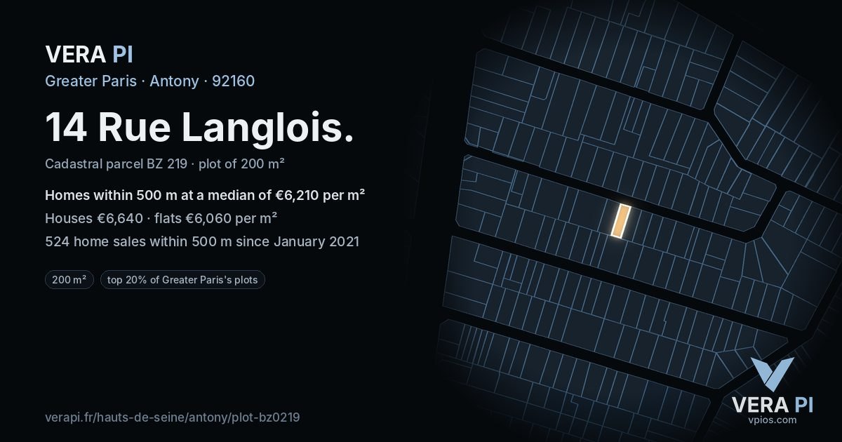 14 Rue Langlois, Antony at night – the plot lit, the parcels around coloured by the prices near them