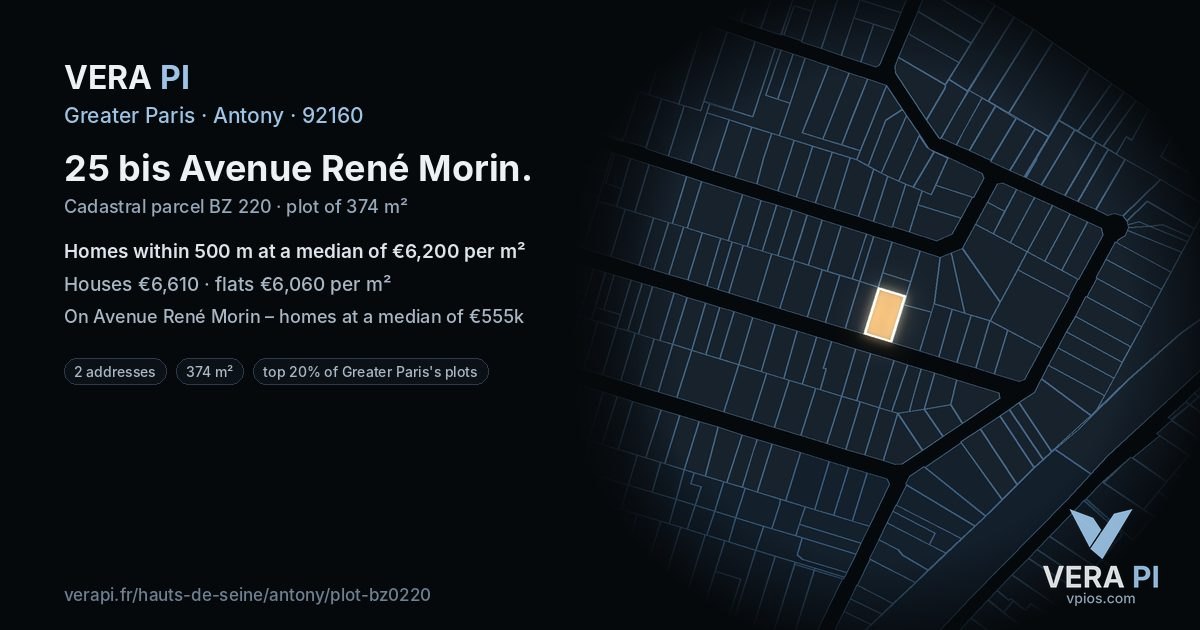 25 bis Avenue René Morin, Antony at night – the plot lit, the parcels around coloured by the prices near them