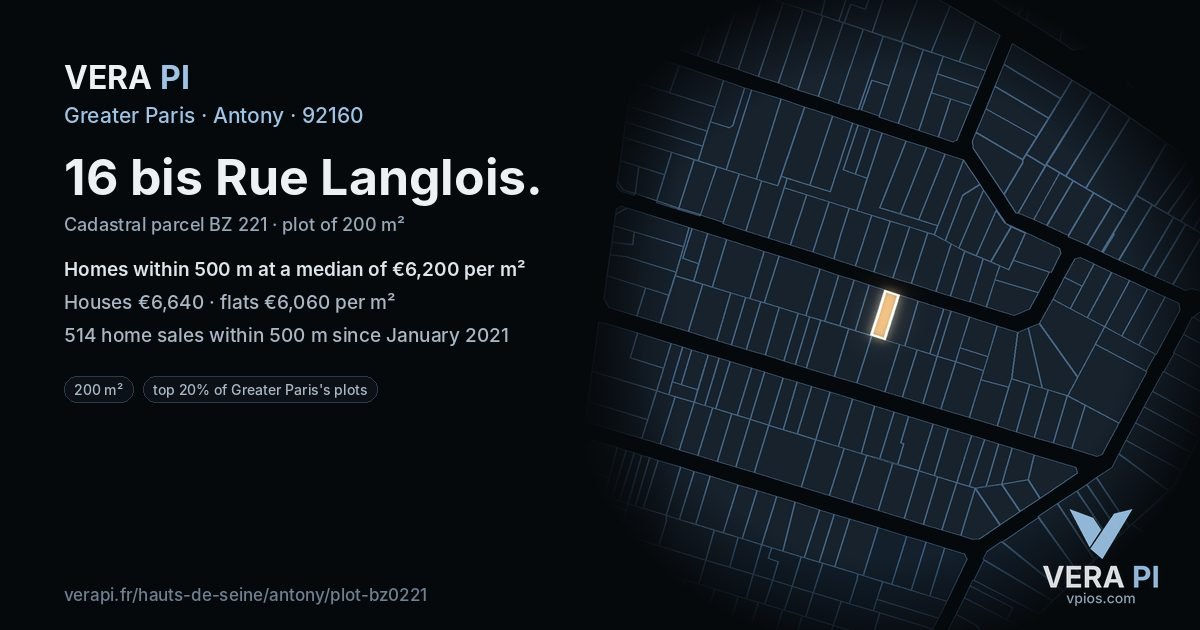 16 bis Rue Langlois, Antony at night – the plot lit, the parcels around coloured by the prices near them