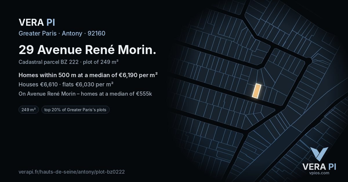 29 Avenue René Morin, Antony at night – the plot lit, the parcels around coloured by the prices near them