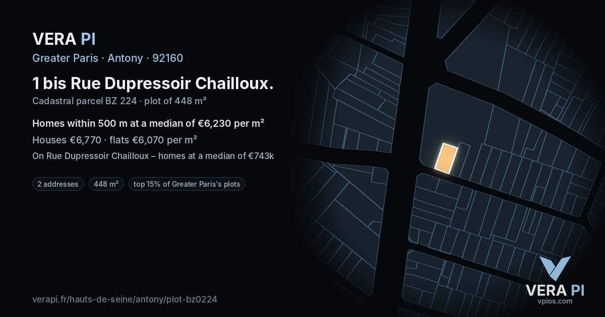 1 bis Rue Dupressoir Chailloux, Antony at night – the plot lit, the parcels around coloured by the prices near them