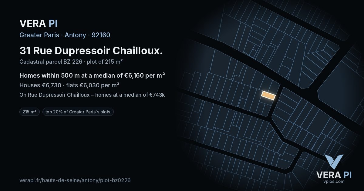 31 Rue Dupressoir Chailloux, Antony at night – the plot lit, the parcels around coloured by the prices near them