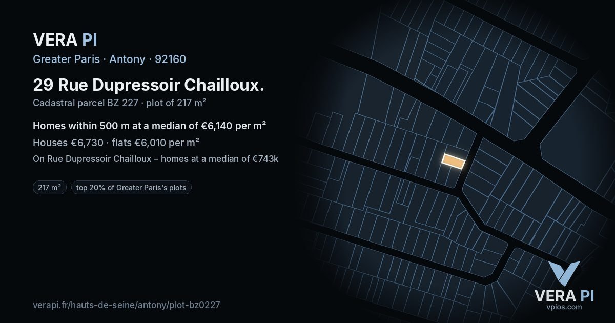 29 Rue Dupressoir Chailloux, Antony at night – the plot lit, the parcels around coloured by the prices near them