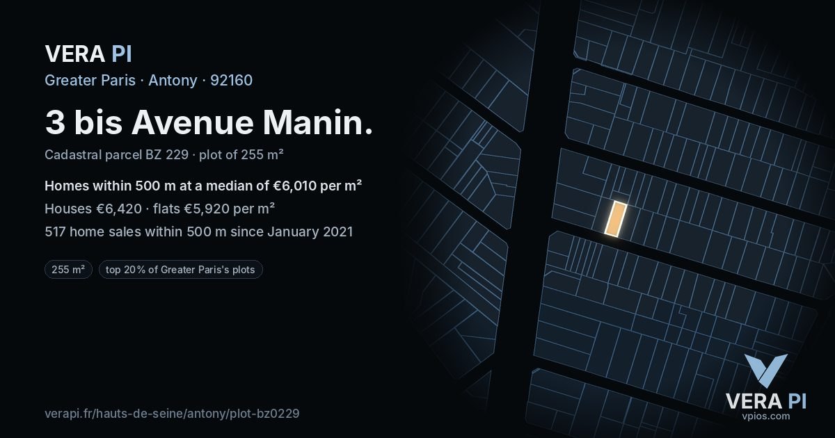 3 bis Avenue Manin, Antony at night – the plot lit, the parcels around coloured by the prices near them
