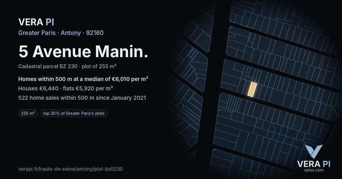 5 Avenue Manin, Antony at night – the plot lit, the parcels around coloured by the prices near them
