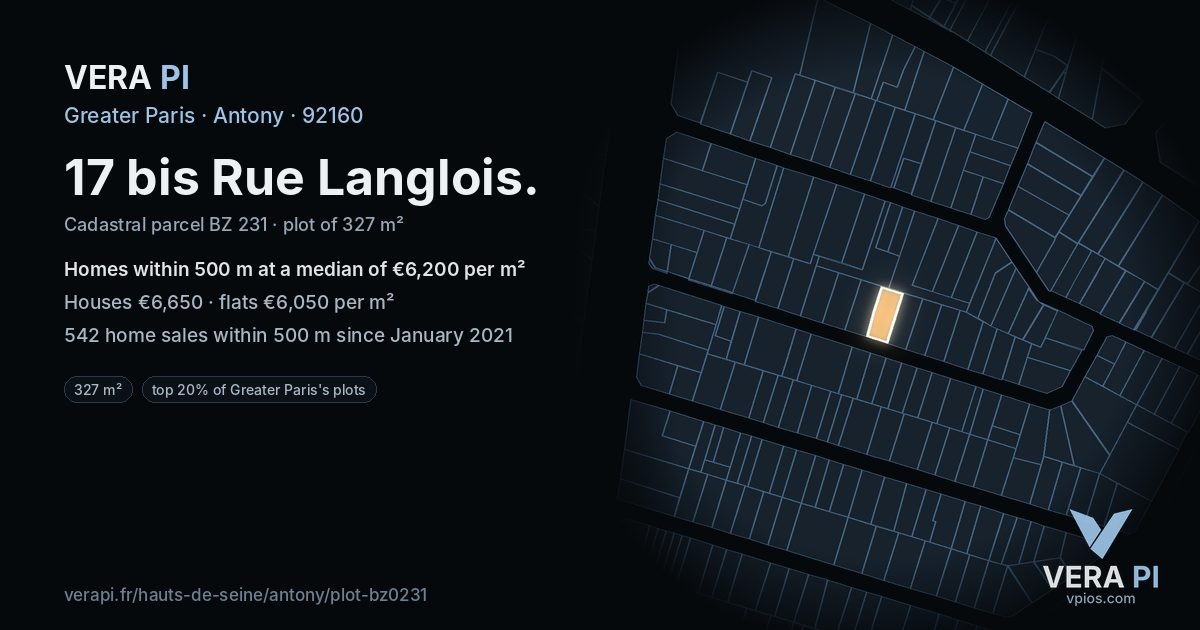 17 bis Rue Langlois, Antony at night – the plot lit, the parcels around coloured by the prices near them