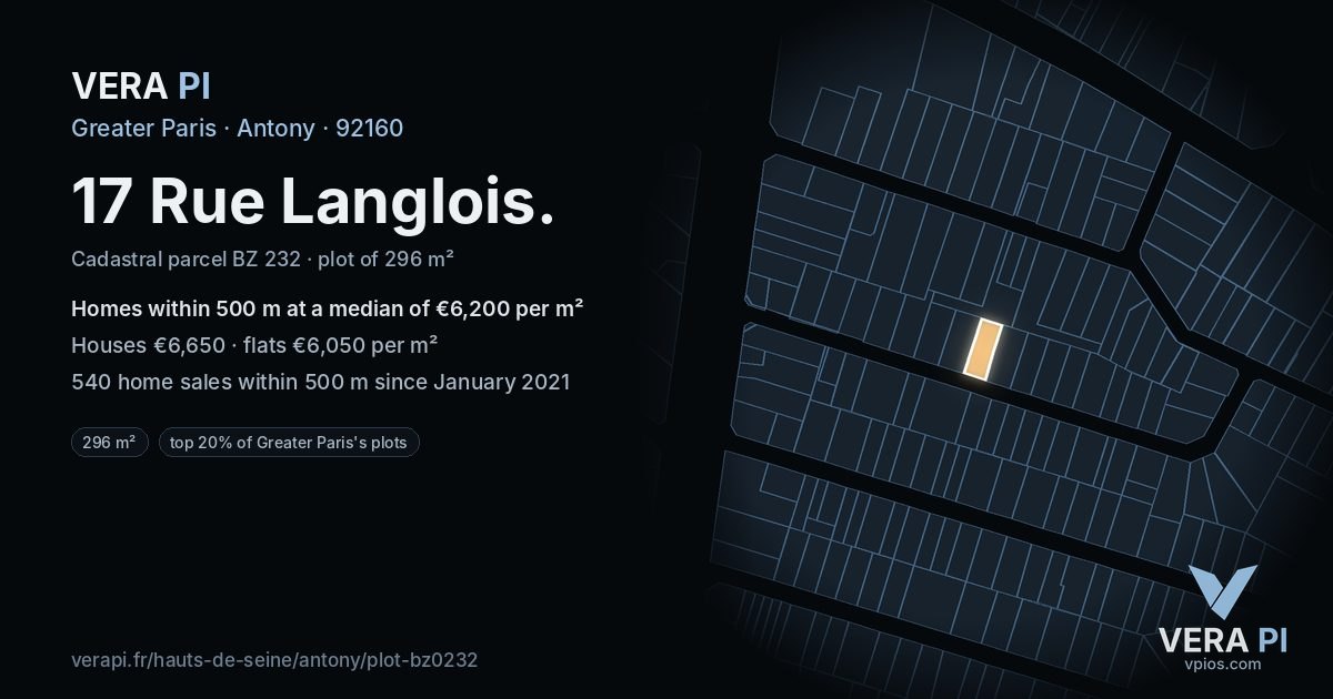 17 Rue Langlois, Antony at night – the plot lit, the parcels around coloured by the prices near them