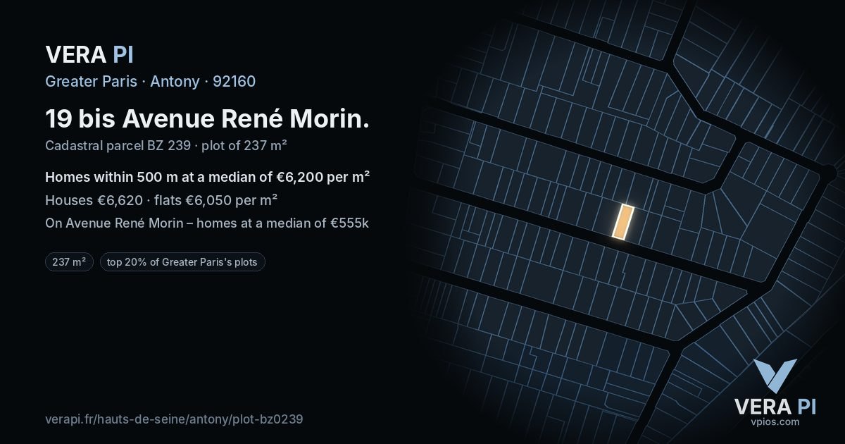 19 bis Avenue René Morin, Antony at night – the plot lit, the parcels around coloured by the prices near them