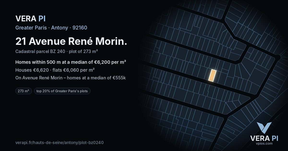 21 Avenue René Morin, Antony at night – the plot lit, the parcels around coloured by the prices near them