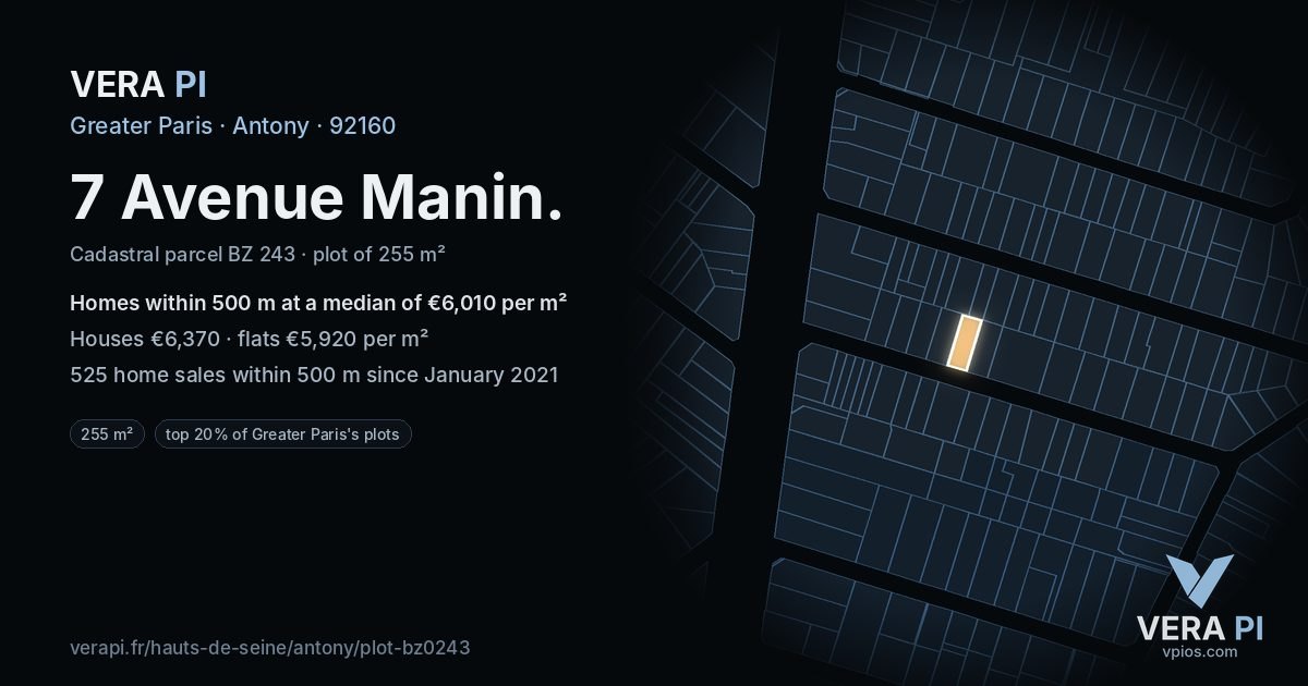 7 Avenue Manin, Antony at night – the plot lit, the parcels around coloured by the prices near them