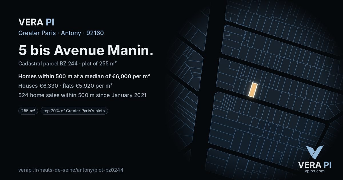5 bis Avenue Manin, Antony at night – the plot lit, the parcels around coloured by the prices near them