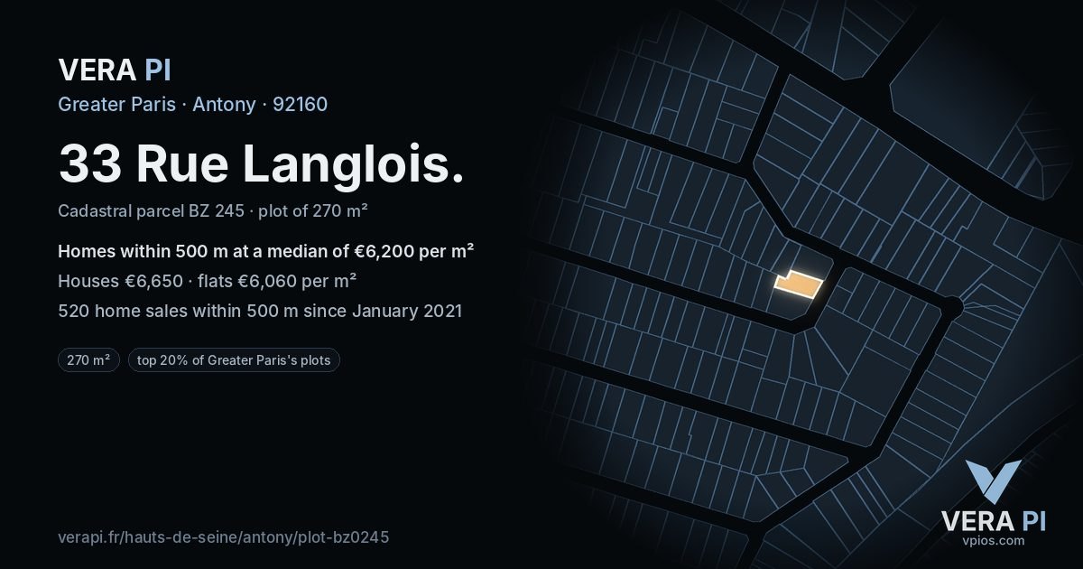 33 Rue Langlois, Antony at night – the plot lit, the parcels around coloured by the prices near them