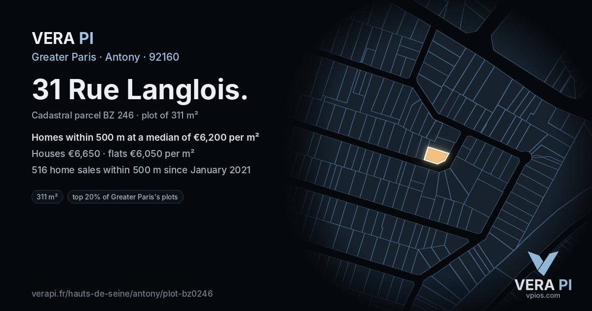 31 Rue Langlois, Antony at night – the plot lit, the parcels around coloured by the prices near them