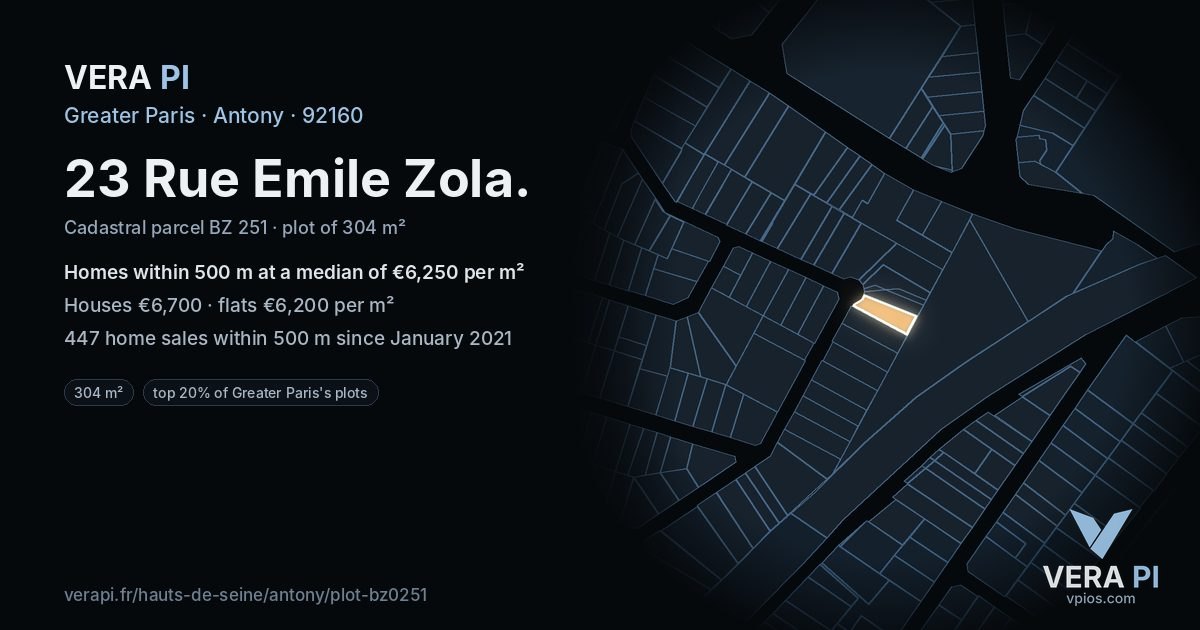 23 Rue Emile Zola, Antony at night – the plot lit, the parcels around coloured by the prices near them