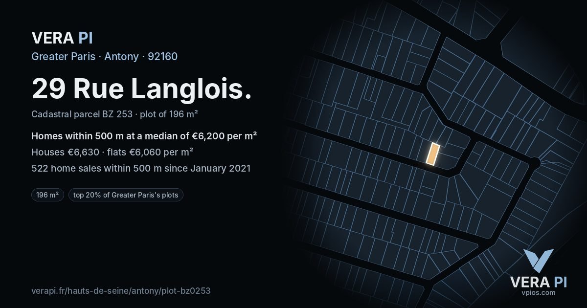 29 Rue Langlois, Antony at night – the plot lit, the parcels around coloured by the prices near them